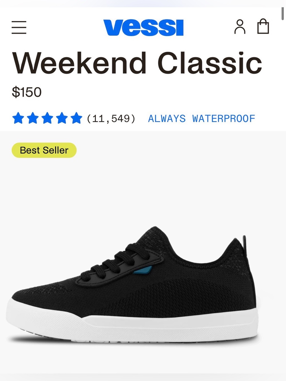 VESSI Weekend Men's SIZE 8 Sneakers Waterproof Shoes Black & White with Box!